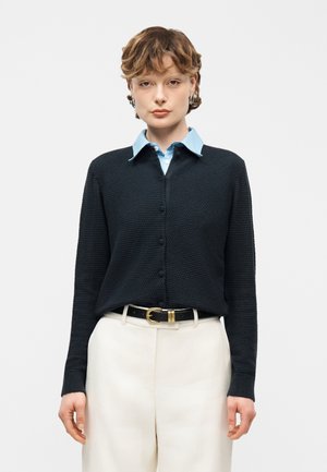 Mladá osoba s krátkymi vlnitými vlasmi, oblečená v čiernom textúrovanom zapínacom kardigane cez svetlomodrú košeľu s golierom a bielych nohaviciach s čiernym opaskom.