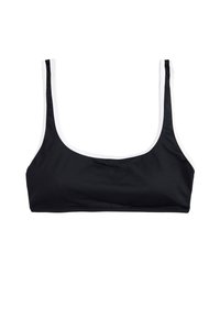 Top bikini nero con spalline larghe, caratterizzato da una superficie liscia e bordi con trim bianco. Scollo quadrato con design minimalista.