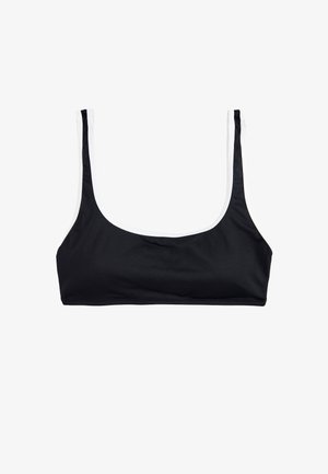 Zwarte bikini-top met brede bandjes, voorzien van een gladde textuur en een witte rand langs de randen. Vierkante halslijn met een minimalistisch ontwerp.