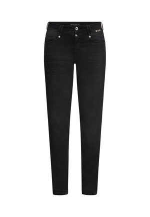 Jean noir slim avec poches avant et arrière, passants pour ceinture, braguette avec bouton et fermeture éclair, et petits clous métalliques décoratifs sur la poche avant.