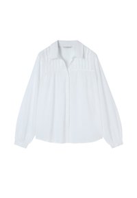 Camicia bianca a maniche lunghe con colletto, dettagli plissettati sul petto e polsini elasticizzati. Realizzata in tessuto leggero.