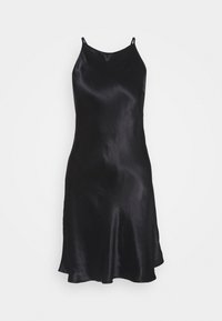 Abito in satin nero con spalline sottili, scollatura dritta e silhouette a trapezio che arriva fino a metà coscia. Tessuto liscio e lucido.