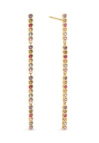 Pendientes de gota en tono dorado con un diseño lineal y engastes circulares adornados con cristales multicolores en rosa, púrpura y azul.