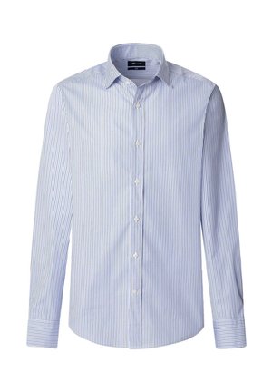 Camicia a maniche lunghe a righe, in misto cotone, con righe verticali blu e bianche, colletto button-down e polsini standard.