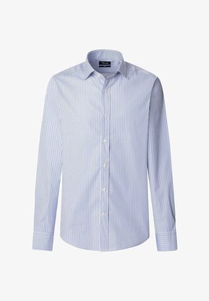 Camicia a maniche lunghe a righe, in misto cotone, con righe verticali blu e bianche, colletto button-down e polsini standard.