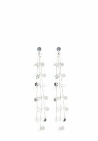Silver-toned drop earrings with cascading chains and multiple round disc accents, featuring a mix of matte and shiny finishes.