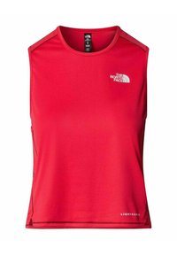 Top atlético sin mangas de color rojo con una tela texturizada. Cuenta con un escote redondo y un estampado del logo en blanco en el pecho. Aberturas laterales en el dobladillo.