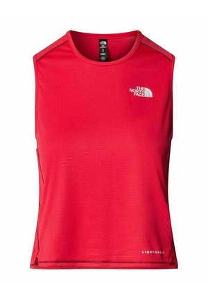 Top atletico rosso senza maniche con un tessuto testurizzato. Presenta un collo rotondo e una stampa del logo bianca sul petto. Fessure laterali sull'orlo.