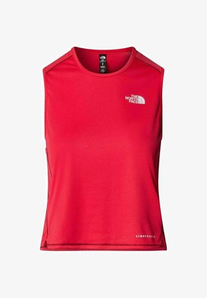 Top atletico rosso senza maniche con un tessuto testurizzato. Presenta un collo rotondo e una stampa del logo bianca sul petto. Fessure laterali sull'orlo.