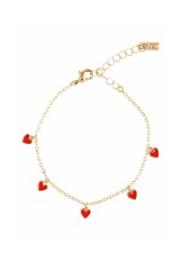 Gold chain bracelet featuring five small red enamel heart charms, with a lobster clasp and adjustable link for size versatility.