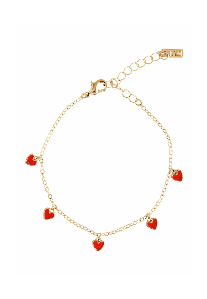 Gold chain bracelet featuring five small red enamel heart charms, with a lobster clasp and adjustable link for size versatility.
