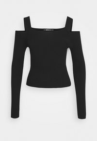 Schwarzes, geripptes Strickoberteil mit langen Ärmeln, quadratischem Ausschnitt und Ausschnitten an den Schultern. Enganliegendes Design, glatte Textur und cropped Länge.