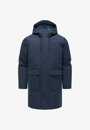Marineblauwe lange parka met capuchon, voorrits met drukknoopsluiting, verstelbare trekkoorden en twee grote klepzakken.