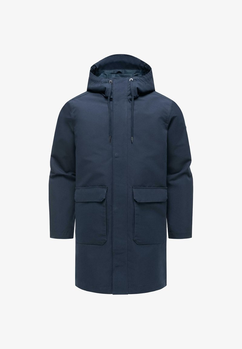 Marineblauwe lange parka met capuchon, voorrits met drukknoopsluiting, verstelbare trekkoorden en twee grote klepzakken.