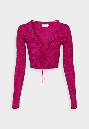 Różowy magenta krótki kardigan z długim rękawem o prążkowanej teksturze, z głębokim dekoltem w kształcie litery V z falbankami oraz wiązaniem z przodu.