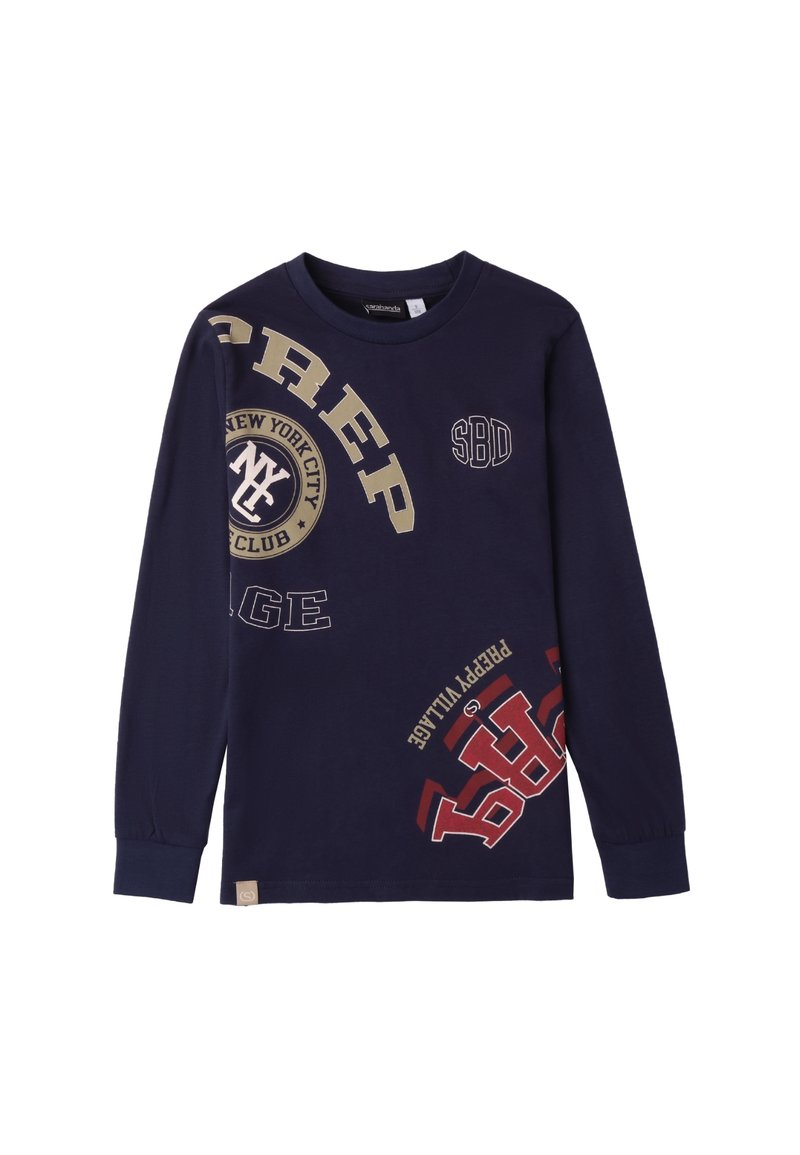 Langärmeliges Navy-Hemd aus Baumwolle mit grafischem Text, einschließlich "NEW YORK CITY" und verschiedenen Logos in Creme- und Rotdruck.