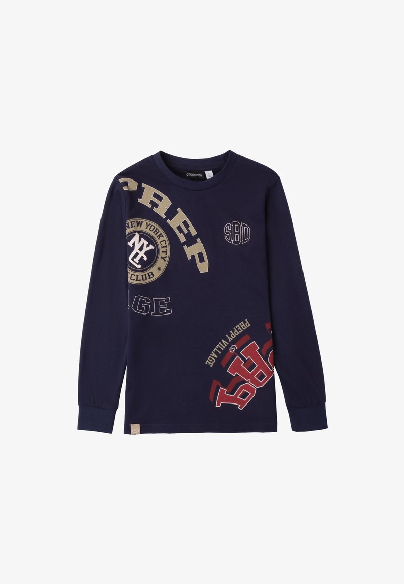 Langärmeliges Navy-Hemd aus Baumwolle mit grafischem Text, einschließlich "NEW YORK CITY" und verschiedenen Logos in Creme- und Rotdruck.