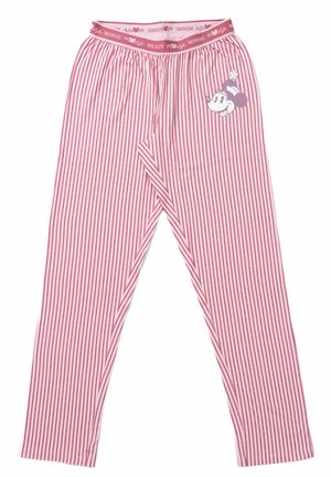 Pantaloni da pigiama a strisce rosse e bianche con vita elastica, caratterizzati dal marchio "Minnie Mouse" e un dettaglio stampato della testa di Minnie sulla gamba.