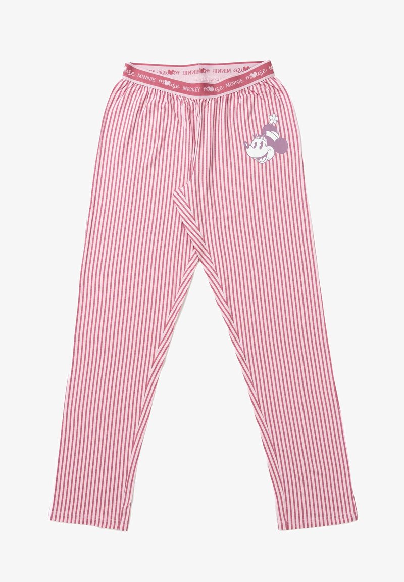 Pantaloni da pigiama a strisce rosse e bianche con vita elastica, caratterizzati dal marchio "Minnie Mouse" e un dettaglio stampato della testa di Minnie sulla gamba.