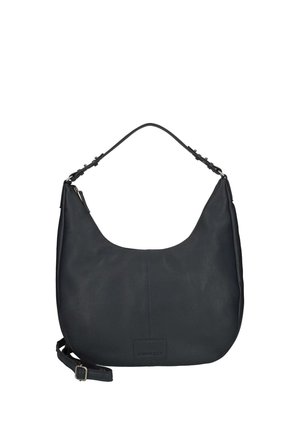 Schwarze Leder-Schultertasche mit kurzem Griff und abnehmbarem, verstellbarem Riemen, geschwungener oberer Kante und dezentem Markenlogo vorne.