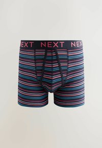 Boxer-briefs rayés avec une base bleu marine et des rayures roses, bleues et blanches. Ceinture élastique avec le logo "NEXT". Tissu doux et extensible.