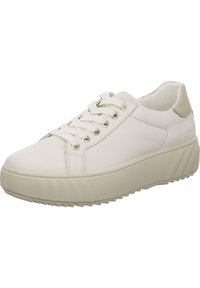 Sneaker bianco in pelle con punta tondeggiante, tomaia texture, cappuccio del tallone beige a contrasto e lacci circolari. Suola in gomma con dettagli rigati.