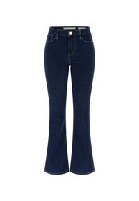 Jean flare bleu foncé en tissu denim, doté d'une taille haute, de cinq poches et d'un unique bouton métallique à l'avant.