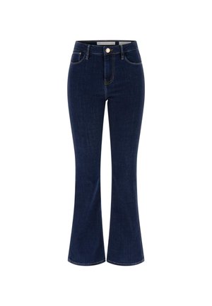 Donkerblauwe flared jeans van denimstof, met een hoge taille, vijf zakken en een enkele metalen knop aan de voorkant.