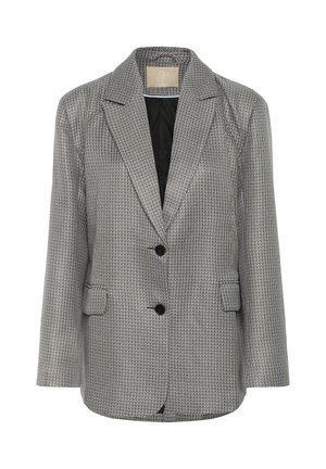 Blazer da donna grigio e nero intrecciato con rever a punta, due bottoni neri, tasche a patta e foderato in nero.