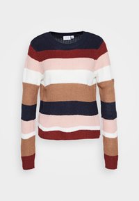 Stickad tröja med horisontella ränder i burgunder, rosa, vitt, beige och marinblått. Rund halsringning och långa ärmar med ribbad mudd.