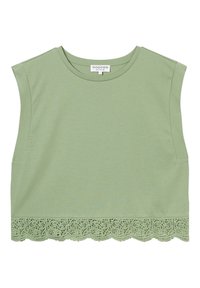 Top corto di colore verde chiaro realizzato in un morbido tessuto con scollatura tonda e maniche corte. Presenta un'intricata merlettatura a scallop lungo l'orlo.