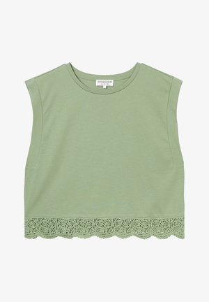 Vaaleanvihreä lyhythihainen crop-top, joka on valmistettu pehmeästä kankaasta ja jossa on pyöreä kaula-aukko. Reunassa on hienostunutta laikukasta pitsiä.