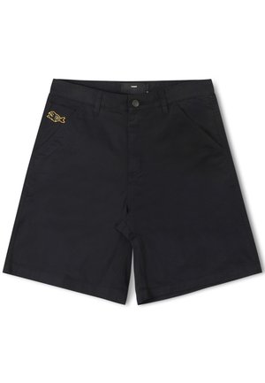 Black cotton shorts featuring a front button closure, side pockets, and a small yellow fish logo on the left pocket.