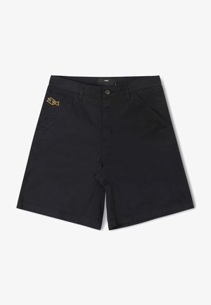 Črne bombažne kratke hlače z zapiranjem na gumb spredaj, stranskimi žepi in majhnim rumenim logotipom ribice na levem žepu.