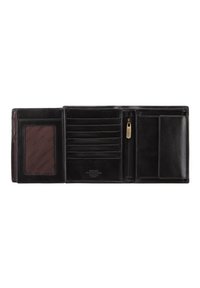 Black leather wallet with a smooth texture, multiple card slots, a zippered compartment, and a transparent ID window.