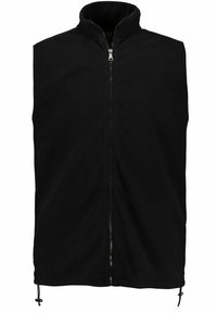Schwarze Fleece-Weste mit hohem Kragen und durchgehendem Reißverschluss. Der untere Saum verfügt über verstellbare Kordelzüge für die Passform. Weicher Stoff ohne Ärmel.