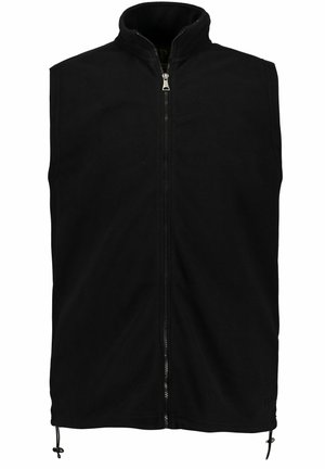 Sort fleece vest med høj krave og fuld frontlynlås. Bunden har justerbare toggles for pasform. Blød tekstur uden ærmer.