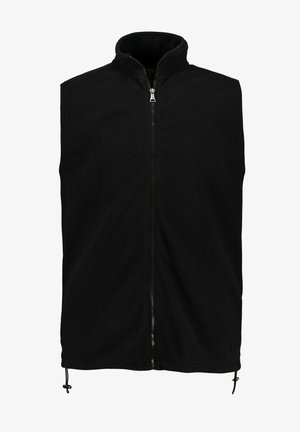 Sort fleece vest med høj krave og fuld frontlynlås. Bunden har justerbare toggles for pasform. Blød tekstur uden ærmer.
