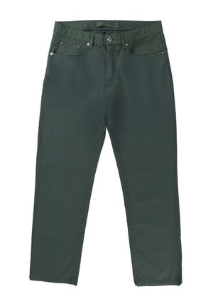 Pantalon vert olive en mélange de coton, avec une conception classique à cinq poches, braguette zippée et fermeture par bouton métallique.