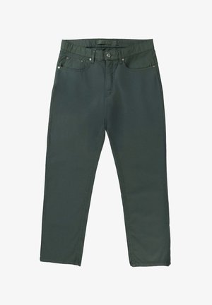 Olive green pants made of cotton blend, featuring a classic five-pocket design, zipper fly, and metal button closure.