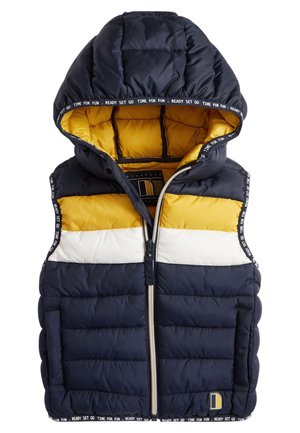 Navyblå, gul og hvid polstret ærmeløs vest med hætte og lynlås, med teksten "READY SET GO TIME FOR FUN" på kantkanterne.