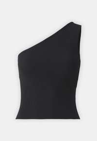 Haut noir à une manche en maille côtelée avec une coupe ajustée, présentant une texture lisse et un décolleté asymétrique, idéal pour les tenues décontractées.