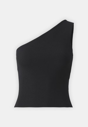 One-shoulder black ribbed top with a fitted design, featuring a smooth texture and asymmetrical neckline, suitable for casual wear.