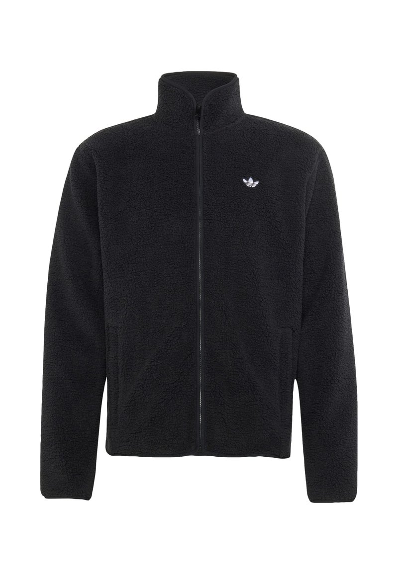 Veste polaire noire zippée intégralement, manches longues, col montant, poches avant et petit logo blanc Adidas trefoil sur la poitrine.