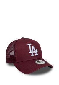 Cappellino da baseball bordeaux con retro in rete, logo ricamato "LA" in bianco, visiera piatta e chiusura snapback regolabile.
