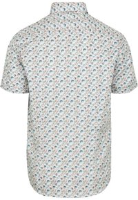 Korte mouw shirt van lichte stof met een witte achtergrond en een kleurrijk schelpenpatroon. Met knoopsluiting kraag en rechte zoom.