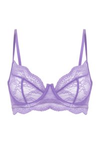 Lila kant bh met verstelbare bandjes, delicate scalloped randen en een semi-doorzichtig ontwerp met een driehoekige cupvorm.