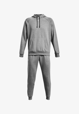 Siva hoodie s kapuco in vrvico ter sprednja žepa, v kombinaciji z ujemajočimi sivo trenirkami. Obe sta izdelani iz mehkega, teksturiranega materiala.