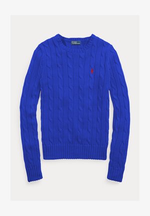 Blue cable-knit sweater with ribbed cuffs and hem. Features a small logo on the chest. Made of textured knitted fabric.
