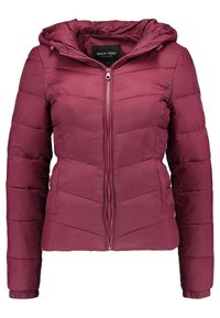 Maroon puffer jacket with zippered front, hood, and horizontal stitched pattern. Features elastic cuffs and lightweight material.